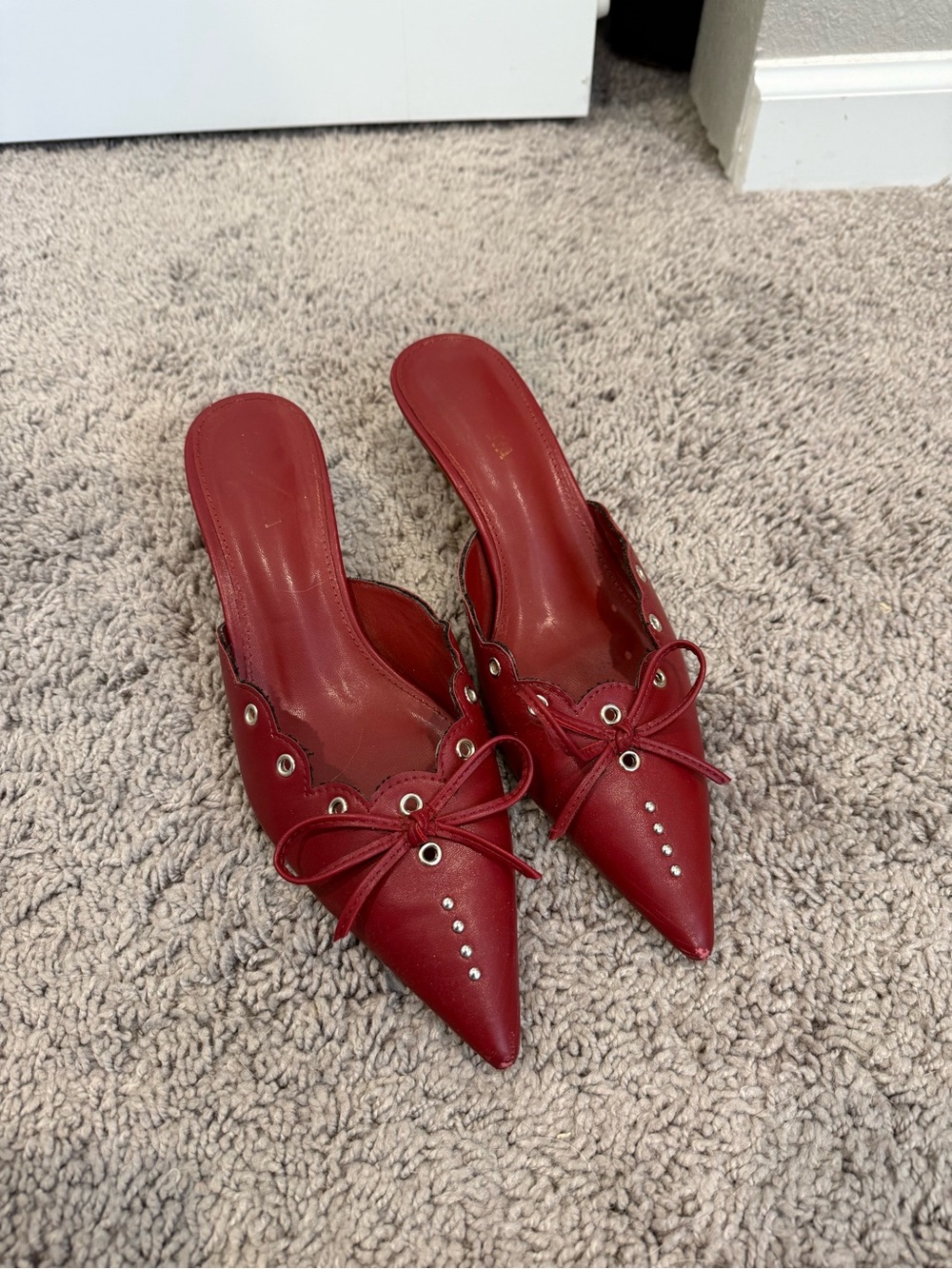 Fashion Nova Red Pointed Mules with Eyelet & Bow Detail